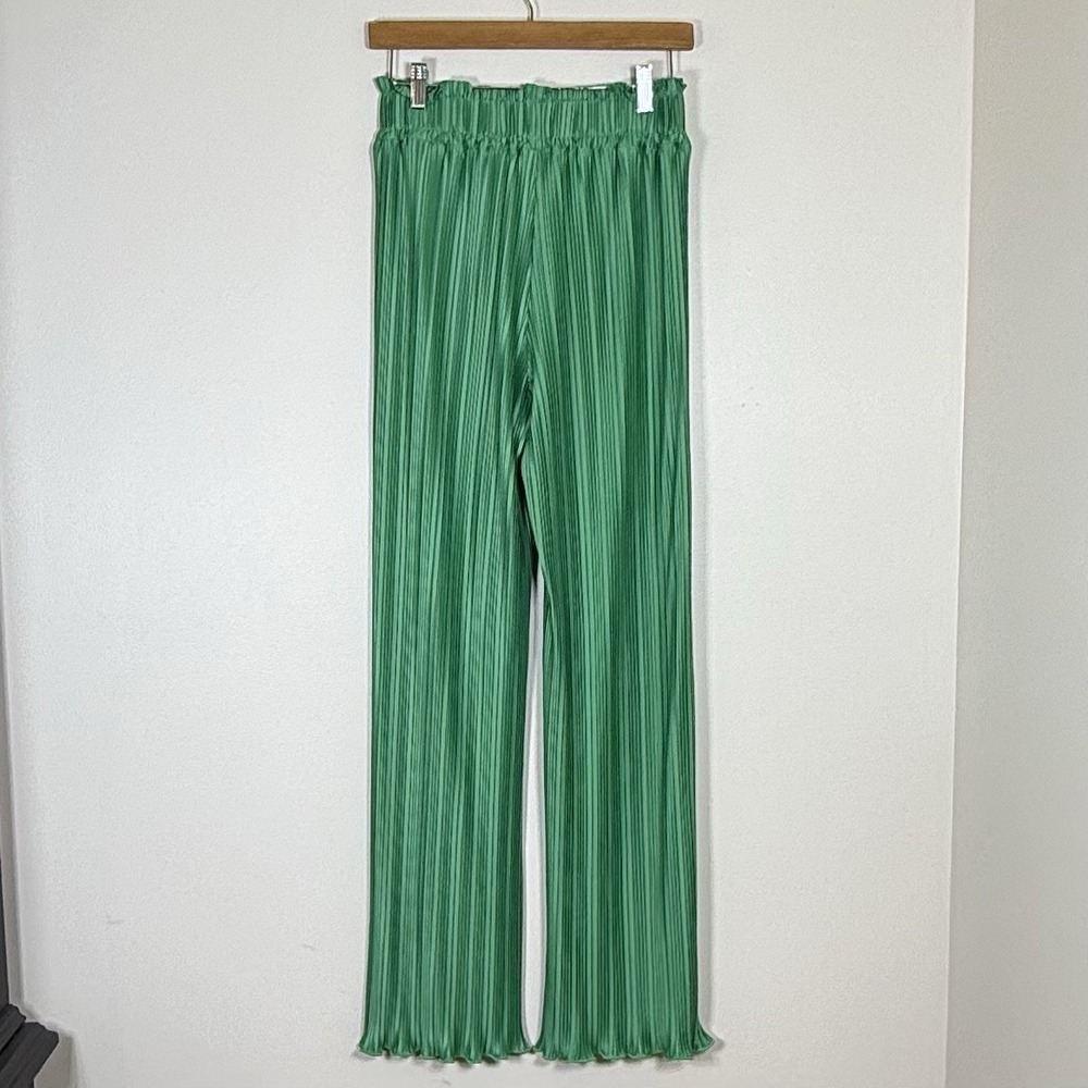 ODDY Womens Pleated Pants Size M Kelly Green Elastic Waist Satin Wide Leg Resort - Picture 3 of 8
